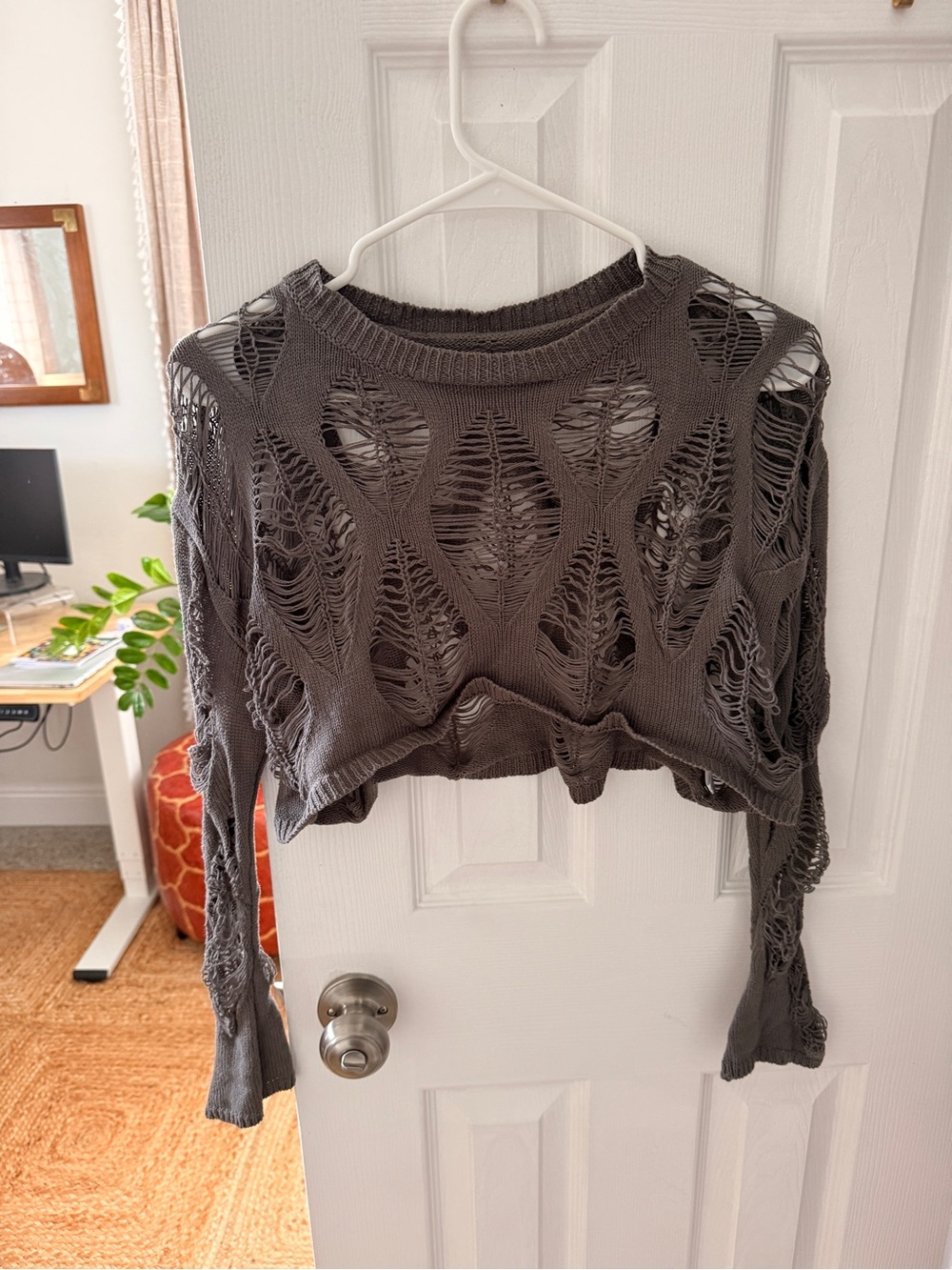Cider Distressed Cropped Open-Knit Sweater - Charcoal Gray